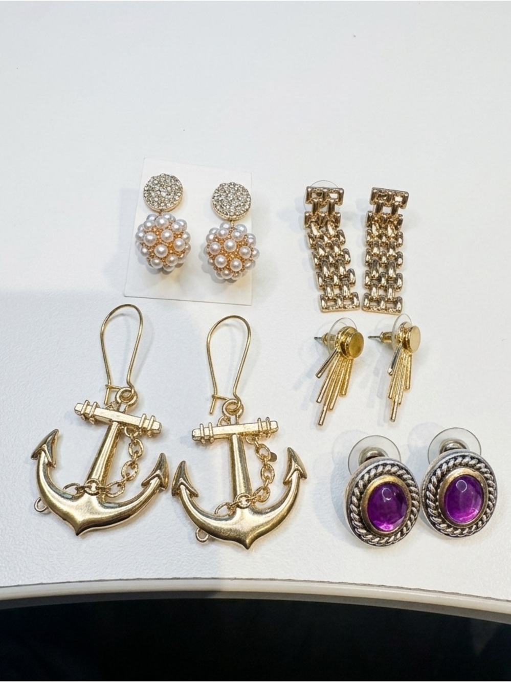 Gold Anchor and Mixed Earrings Set - Gold, Purple, Pearl Accents